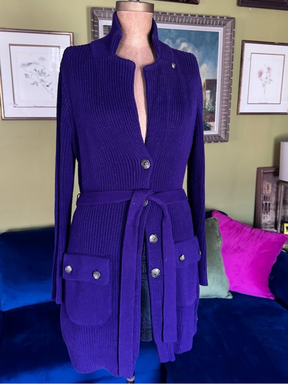 Purple Knit Belted Cardigan Sweater